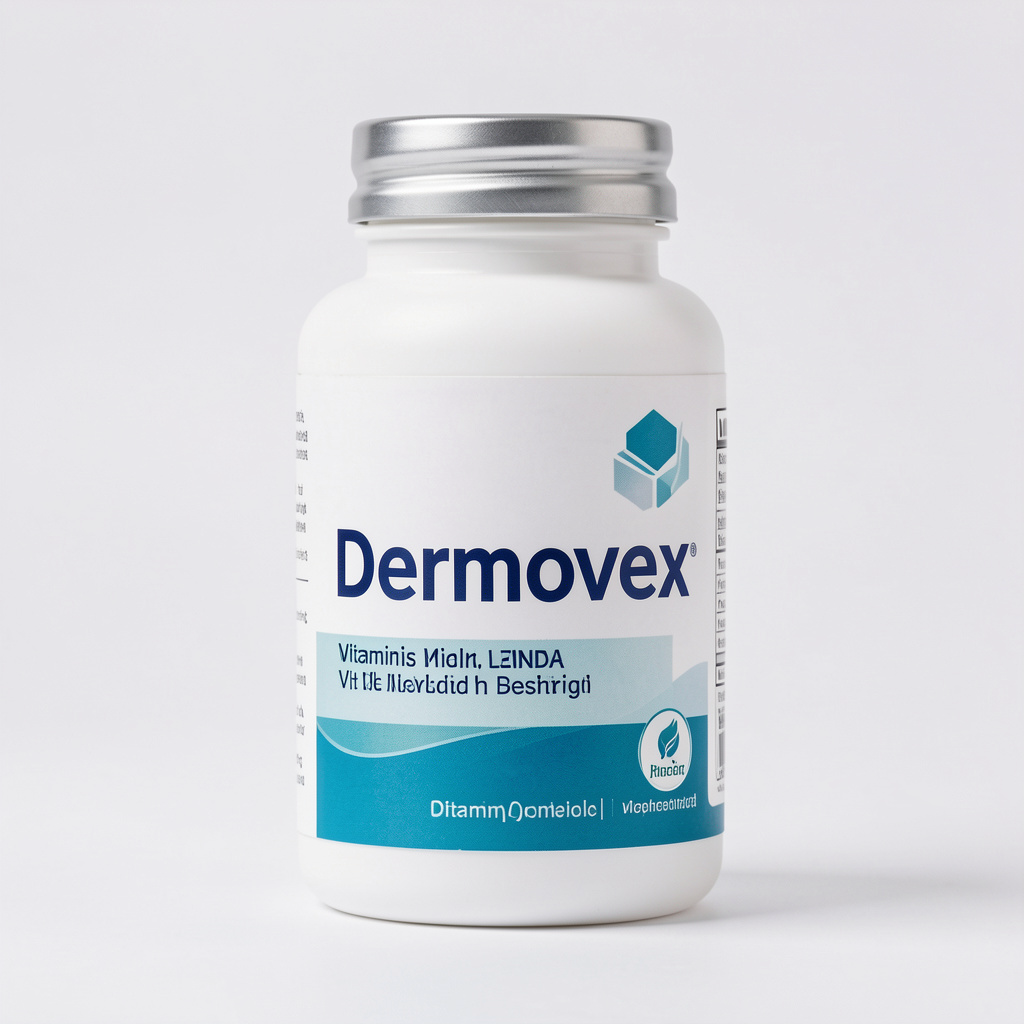 Dermovex natural complex bottle on a clean white surface surrounded by botanical ingredients